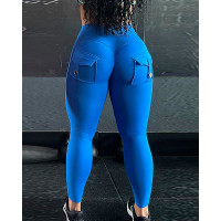 High Waist Ruched Pocket Design Active Pants - blue