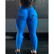 High Waist Ruched Pocket Design Active Pants - blue