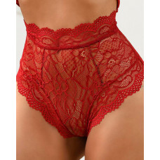 High Waist Scallop Trim Lace Up Panty - red