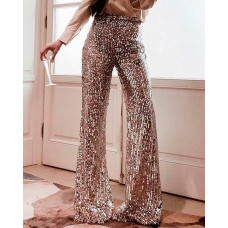 High Waist Sequins Bell Bottomed Pants - silver