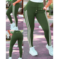 High Waist Striped Drawstring Pants - Army green