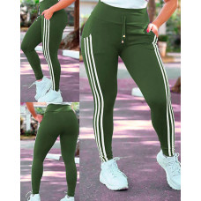 High Waist Striped Drawstring Pants - Army green