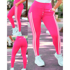 High Waist Striped Drawstring Pants - rose red