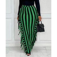 High Waist Striped Print Tassel Design Maxi Skirt - green