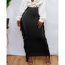 High Waist Tassel Design Skinny Maxi Skirt - black