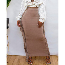 High Waist Tassel Design Skinny Maxi Skirt - khaki