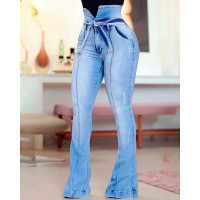 High Waist Tied Detail Bootcut Jeans - light blue