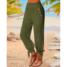 High Waist Tied Detail Buttoned Pants - Army green