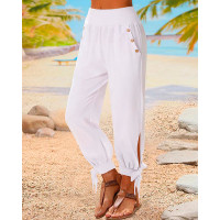 High Waist Tied Detail Buttoned Pants - white