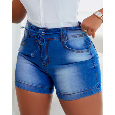 High Waist Tied Detail Denim Shorts - blue