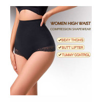 High Waist Tummy Control Lace Trim Shapewear Panty - black