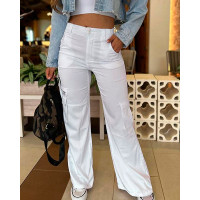 High Waist Wide Leg Cargo Pants - white