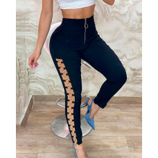 High Waist Zipper Design O Ring Skinny Pants - black