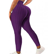 High Waisted Bubble Textured Butt Lifting Scrunch Yoga Leggings - purple