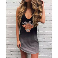 Highland Cattle Ombre Print Casual Tank Dress - Dark grey