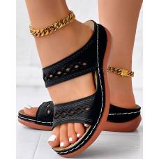 Hollow Argyle Embroidery Wedge Sandals - black