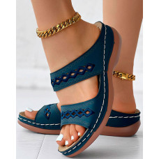 Hollow Argyle Embroidery Wedge Sandals - purplish blue