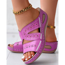 Hollow Floral Embroidery Cross Stitching Wedge Sandals - purple