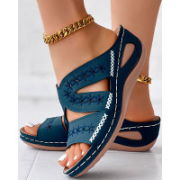 Hollow Floral Embroidery Cross Stitching Wedge Sandals - purplish blue