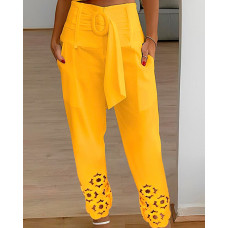 Hollow Out Belted Pocket Design Pants - yellow