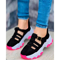 Hollow Out Buckled Breathable Sneakers - black&rose red