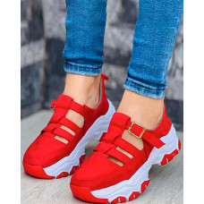 Hollow Out Buckled Breathable Sneakers - red