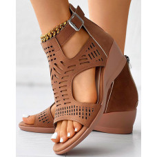 Hollow Out Buckled Peep Toe Wedge Sandals - brown