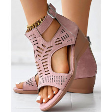 Hollow Out Buckled Peep Toe Wedge Sandals - pink