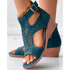 Hollow Out Buckled Peep Toe Wedge Sandals - purplish blue