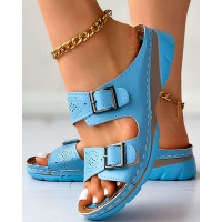 Hollow Out Buckled Wedge Slippers - blue