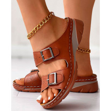 Hollow Out Buckled Wedge Slippers - brown