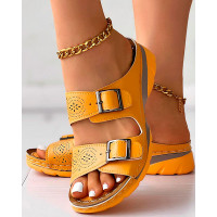 Hollow Out Buckled Wedge Slippers - yellow