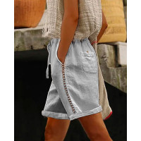 Hollow Out Buttoned Drawstring Shorts - gray