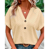 Hollow Out Buttoned V-Neck Top - yellow