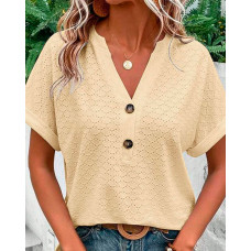 Hollow Out Buttoned V-Neck Top - yellow