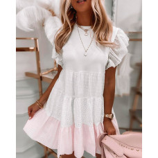 Hollow Out Colorblock Ruffles Hem Puffed Sleeve Casual Dress - white