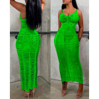 Hollow Out Crochet V-Neck Cover Up Dress - green