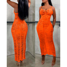 Hollow Out Crochet V-Neck Cover Up Dress - orange