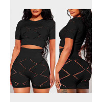 Hollow Out Crop Top & Shorts Set - black