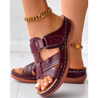 Hollow Out Cross Strap Velcro Wedge Sandals - Wine red