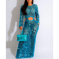 Hollow Out Cutout Waist Crochet Cover Up Dress - blue