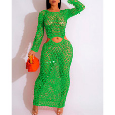 Hollow Out Cutout Waist Crochet Cover Up Dress - green