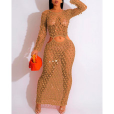 Hollow Out Cutout Waist Crochet Cover Up Dress - khaki