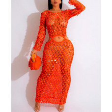 Hollow Out Cutout Waist Crochet Cover Up Dress - orange