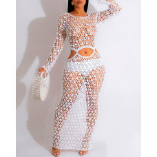 Hollow Out Cutout Waist Crochet Cover Up Dress - white