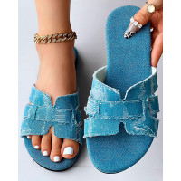 Hollow Out Denim Summer Slippers - blue