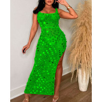 Hollow Out Disc Decor Slit Crochet Cover Up Dress - green