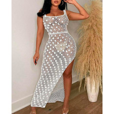 Hollow Out Disc Decor Slit Crochet Cover Up Dress - white