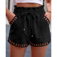 Hollow Out Drawstring Belted Shorts - black