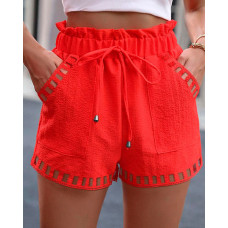 Hollow Out Drawstring Belted Shorts - orange